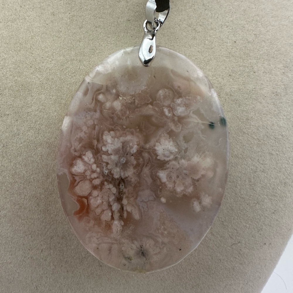 Oval Flower Agate Pendant on Satin Rope - Picture 8 of 11